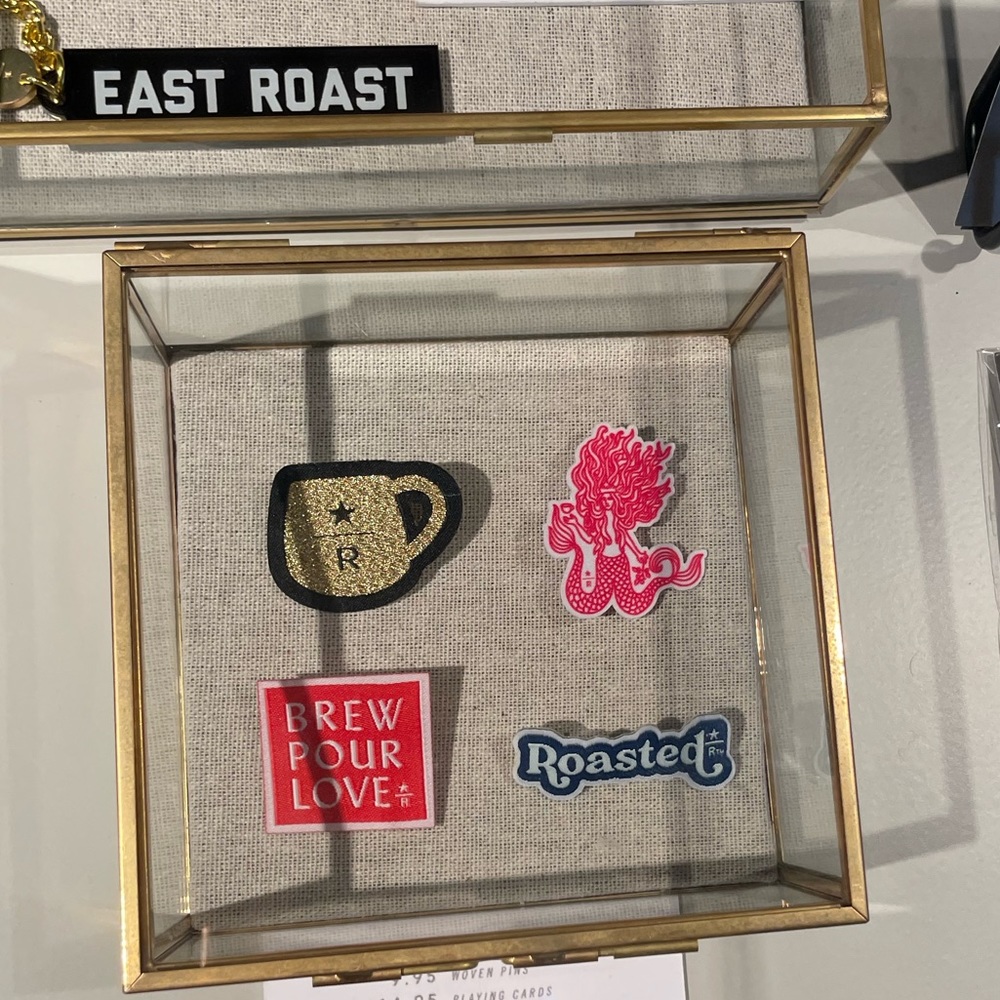Starbucks Reserve NWT woven pins four designs Roasted Gold mug brew pour love